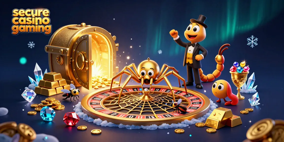 Engage in secure casino gaming with a golden spider and centipede croupier amidst treasures.