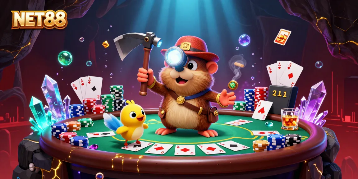 NET88 showcases a vibrant scene with a mole, canary, poker chips, and cards in a cave.