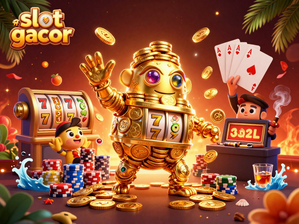 Experience the thrill of slot gacor with an illustrated golden golem among vibrant casino elements.