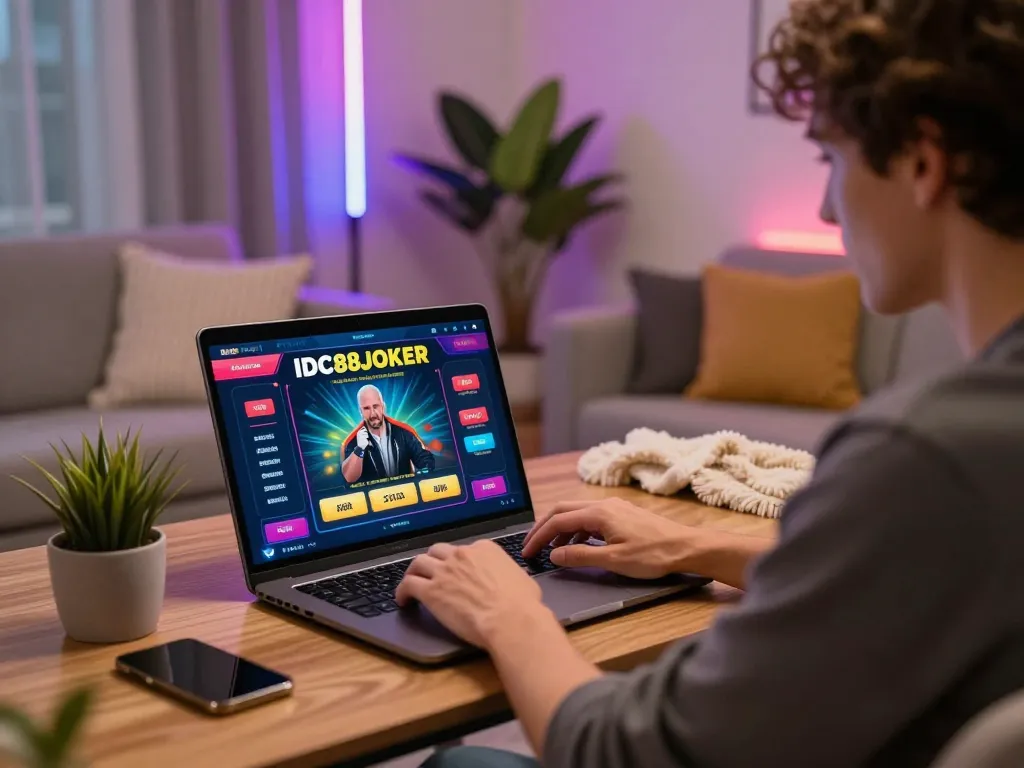 Engaged player experiencing IDC88JOKER online gaming on a laptop in a cozy living space.