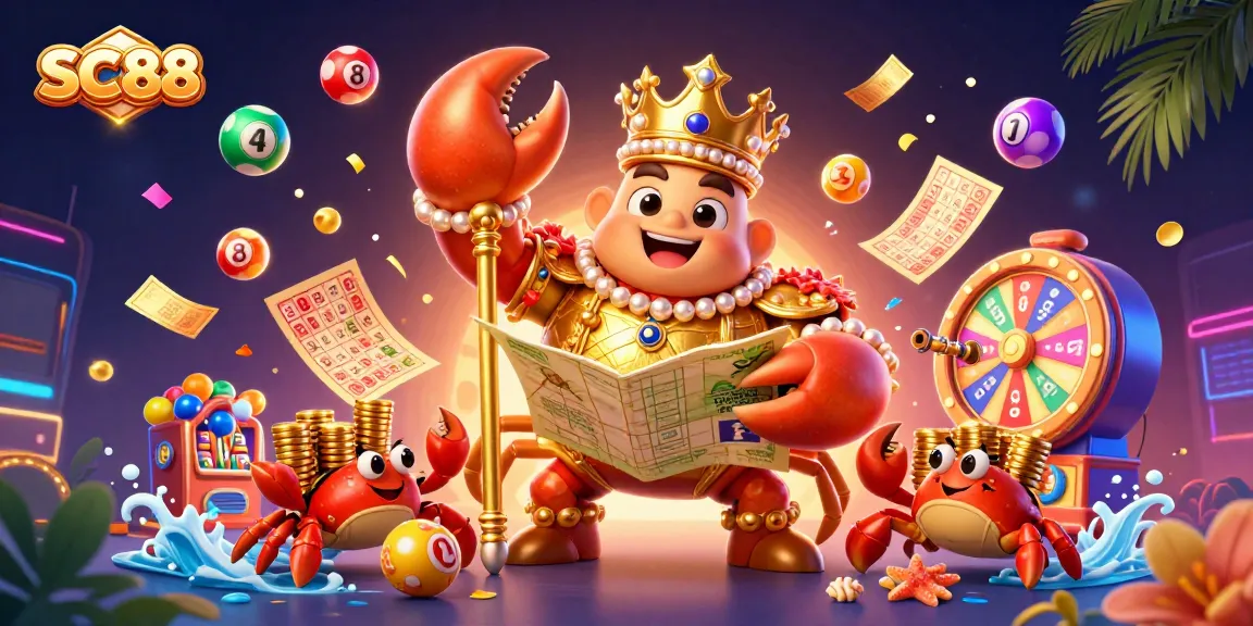 Engage in thrilling SC88 casino fun with a golden crab emperor amidst vibrant lottery elements.