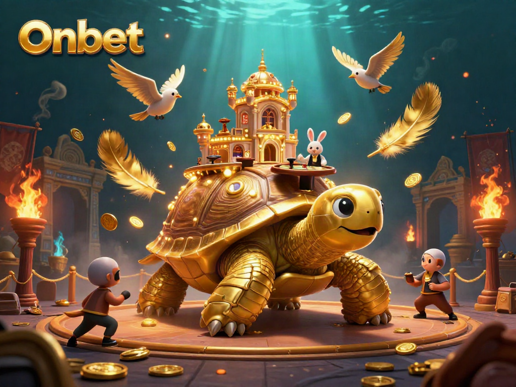 Experience thrilling gaming action at Onbet with a vibrant 3D casino scene featuring a tortoise and a rabbit dealer.