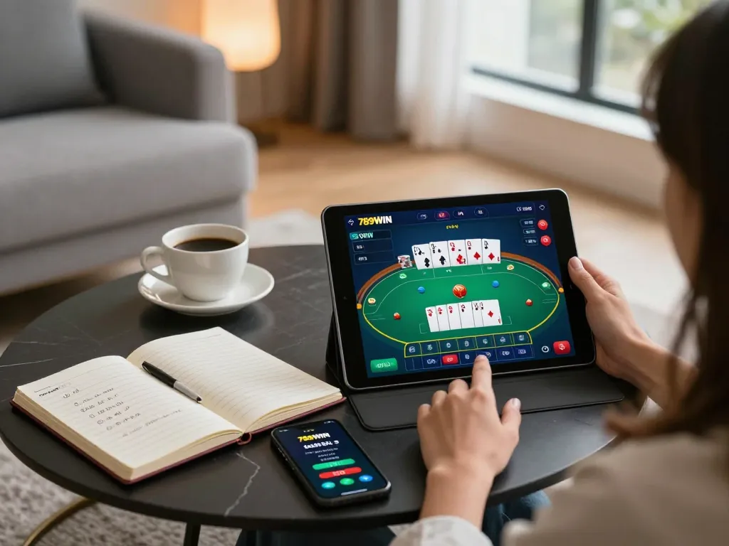 Engaging online poker session on 789WIN platform with vibrant display and strategic notes.