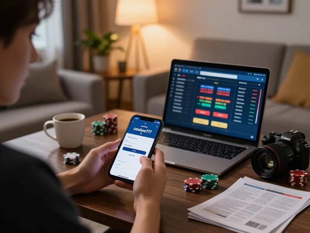 Using cendana777 login on a smartphone at a cozy home gaming setup, showcasing responsible online gambling.