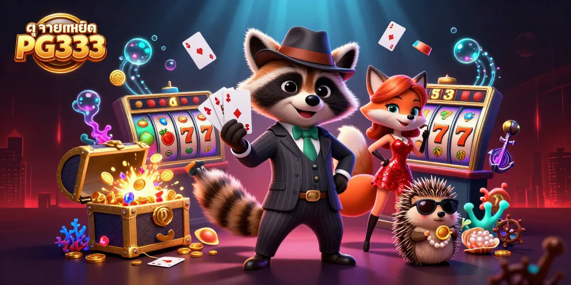 Engage with the dynamic world of ดูรายละเอียด PG333 featuring a charming raccoon and friends in an exciting casino scene.