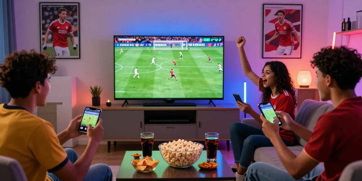 Friends enjoying live football with جدول مباريات اليوم كورة لايف on TV, celebrating in a lively atmosphere.
