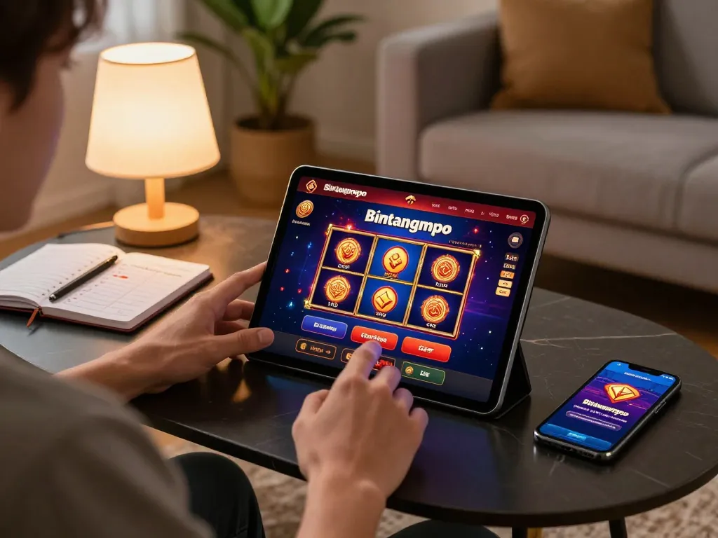 Berinteraksi dengan Bintangmpo di tablet di ruang tamu yang nyaman sambil merencanakan strategi menang.