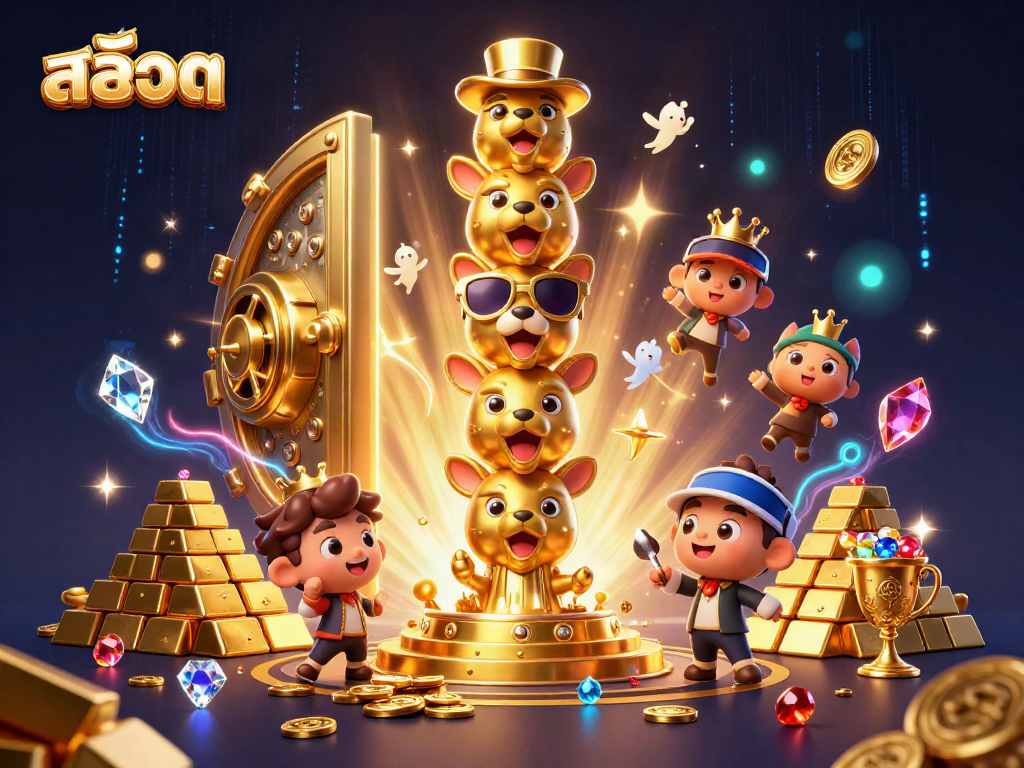 Engage with สล็อต through dynamic 3D visuals of a golden totem and treasures in this vibrant casino scene.