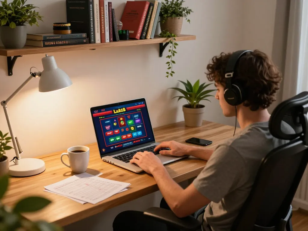 Lucks8 online casino player enjoys a cozy gaming session at home, highlighting strategic gameplay.