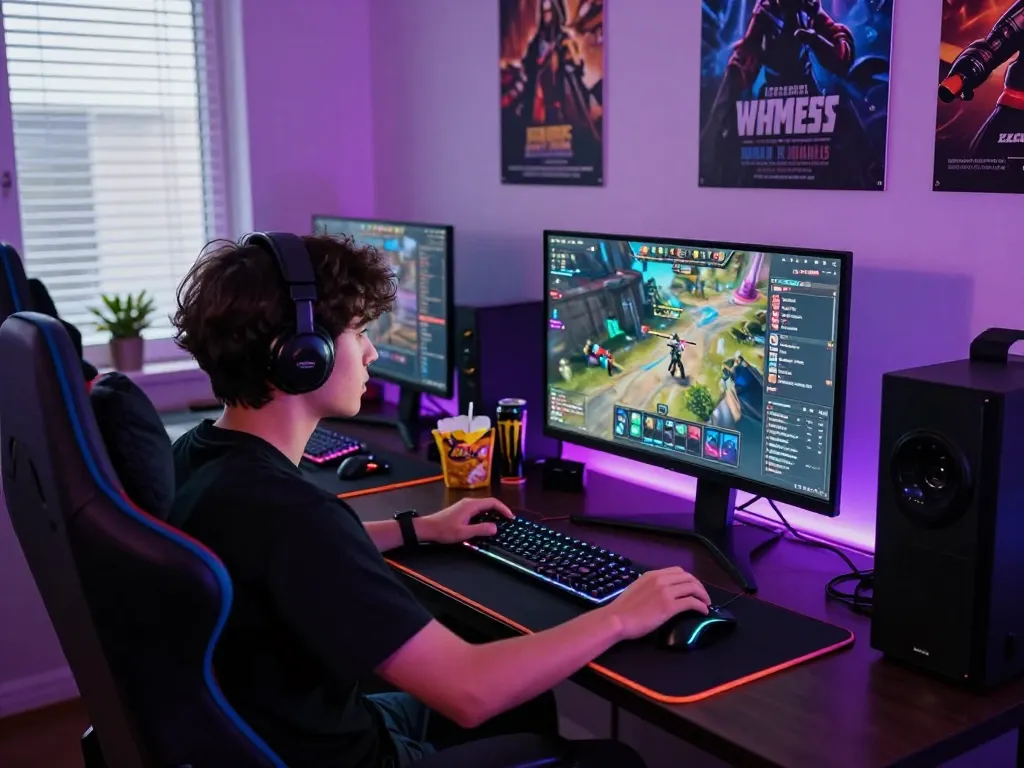 Gamer immerses in dragon77 online game setup with vibrant RGB lighting and dual monitors