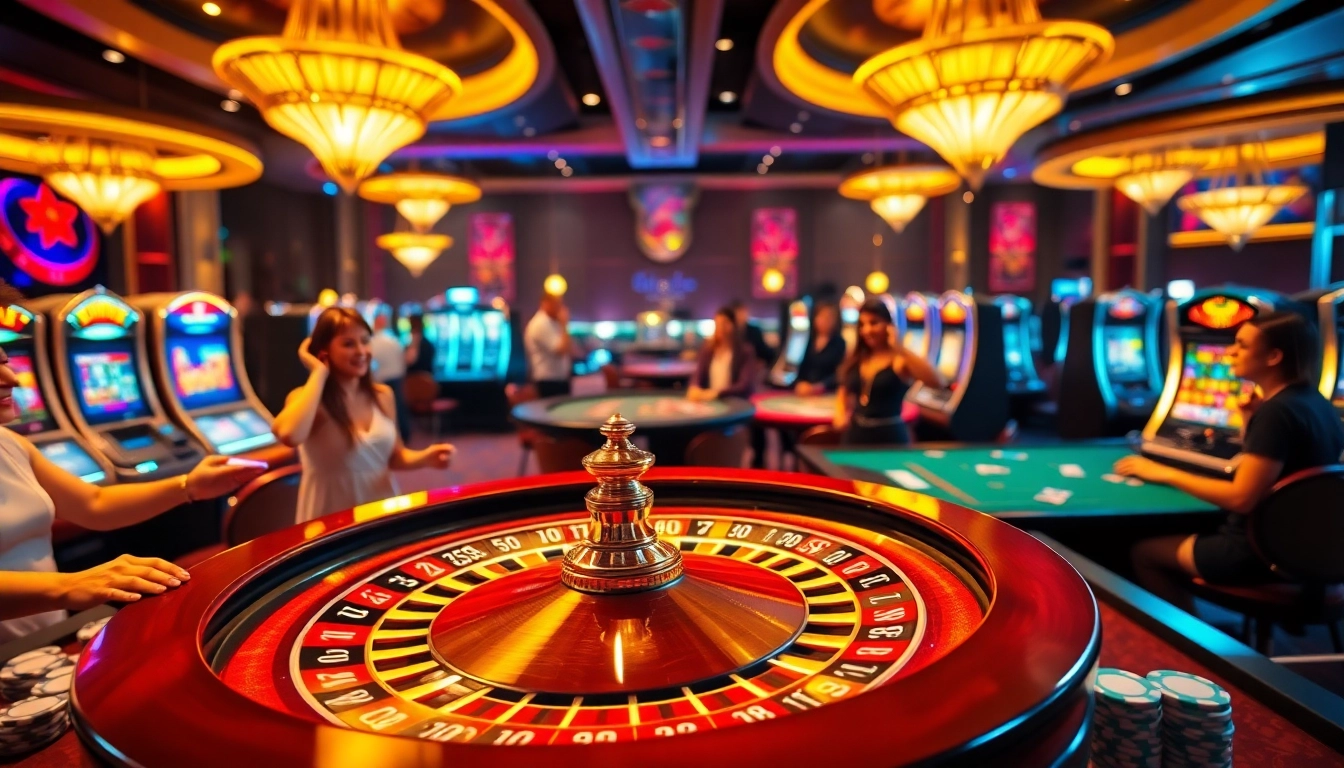 Reputable gambling house showcasing lively casino atmosphere with gaming tables and roulette wheel, emphasizing Nhà cái uy tín.