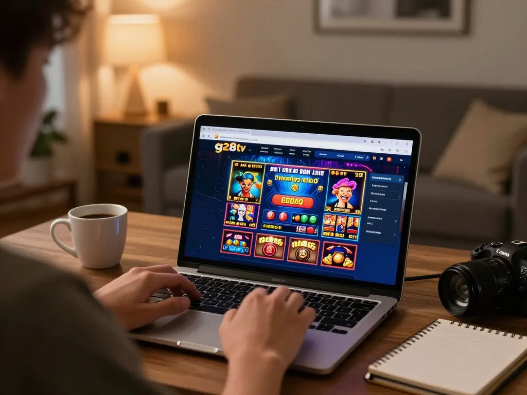 G28tv online player enjoying casino games on laptop in cozy home setting
