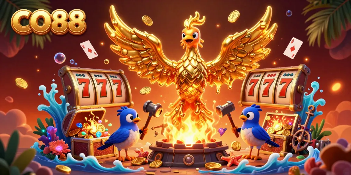 Experience the thrill of CO88 with a golden phoenix, slot reels, and treasure chests bursting with coins.