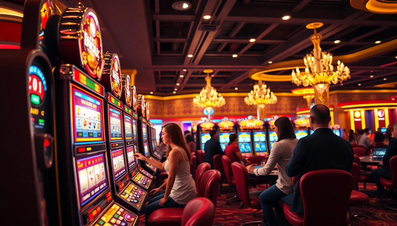 Memenangkan permainan kasino bbni4d dengan pemain yang bersemangat dan mesin slot berkilau.