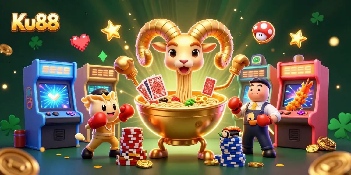 Win big at Ku88 with a vibrant casino game scene featuring animated characters and colorful designs.