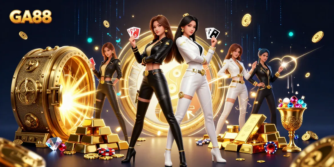 Experience excitement at GA88 with stunning twin Asian women holding playing cards amid a treasure explosion.