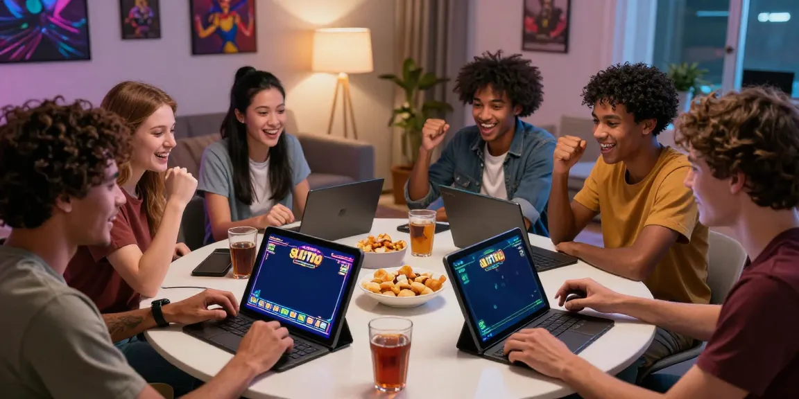 Group of friends enjoying a thrilling SLOT TOTO gaming night with screens displaying excitement.