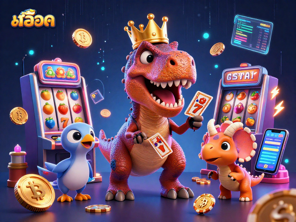 Spin the reels with สล็อต in a vibrant 3D circus featuring a T-Rex, pterodactyl, and triceratops.