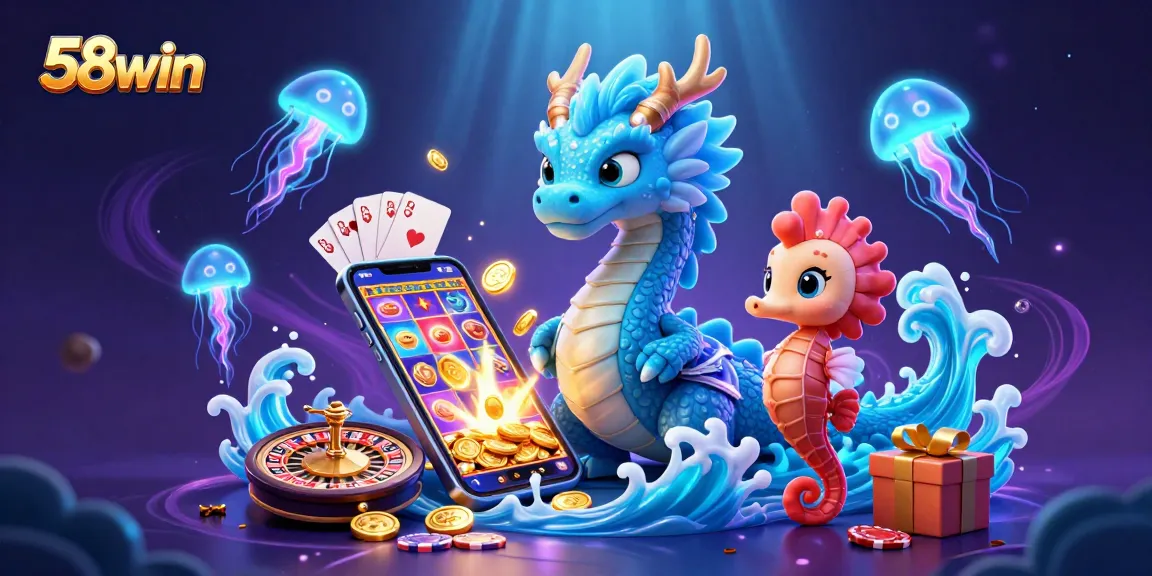 Experience vibrant gaming with 58win, featuring a dragon and casino elements.