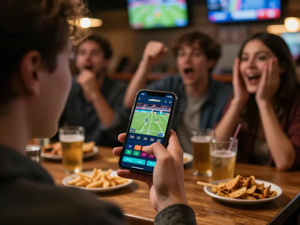 Cakhiatv app provides real-time updates as sports fan places bets in a lively bar.