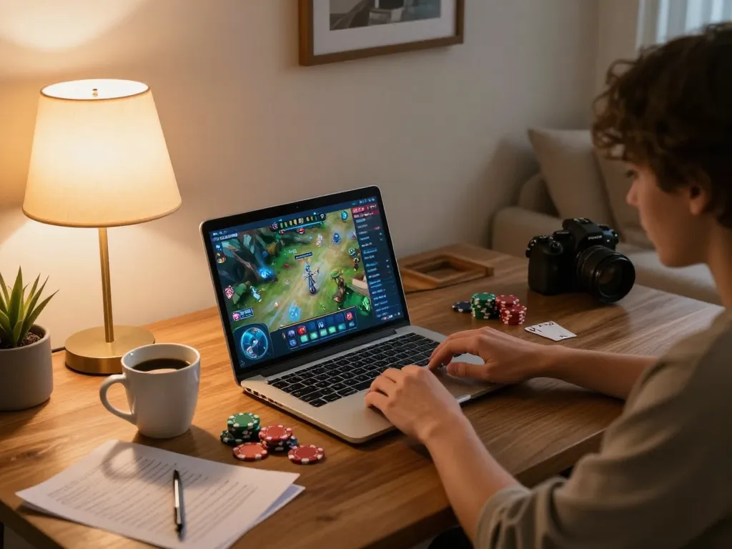 Person enjoying online poker at home with webnk88 interface displayed on laptop.