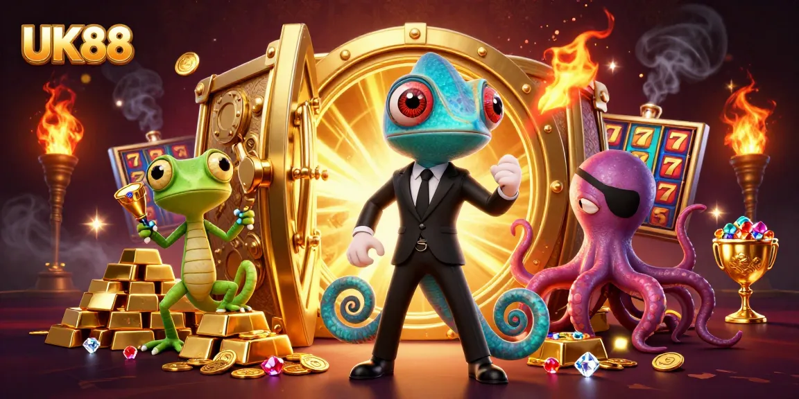 Experience the thrill of UK88 as a colorful chameleon, tech-savvy gecko, and villainous octopus handle slots and treasures.