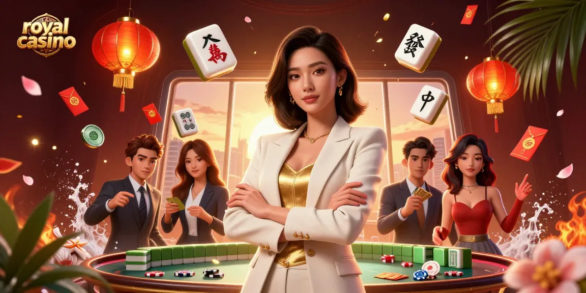 Experience the royal casino with exciting gameplay, featuring a powerful businesswoman holding cards amidst vibrant gaming elements.