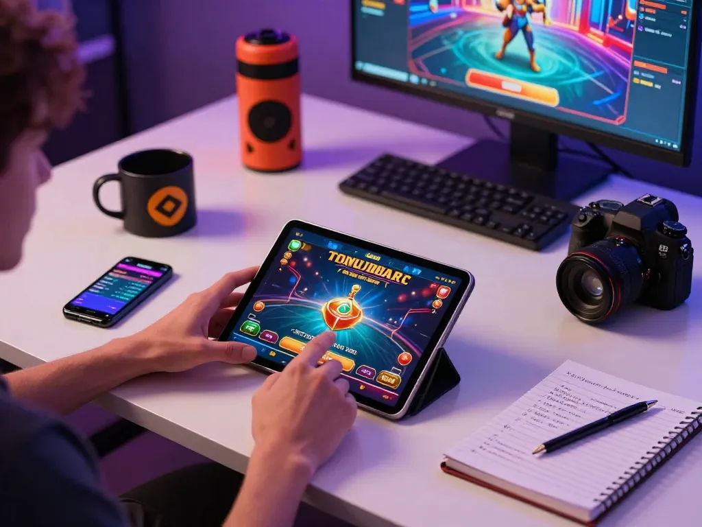 Nego77 player's interactive online casino gaming setup showcasing strategic gameplay and smartphone betting.