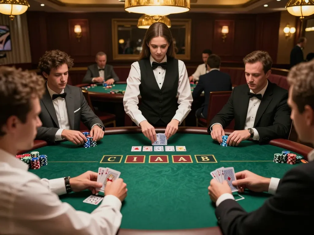 77WIN poker game in luxurious setting with players focused on strategy and chips.
