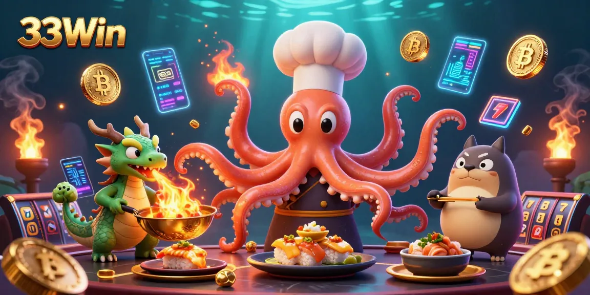 Promote your winnings with 33Win as a chef octopus prepares golden delights in a 3D casino illustration.