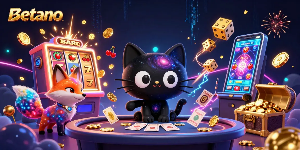 Betano's immersive casino scene featuring a cartoon black hole cat and colorful nebula fox captivating players with golden chips and cards.