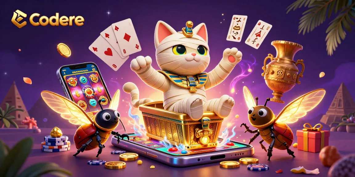 Codere showcases an Egyptian mummy cat in a vibrant casino scene, bursting with gaming action.