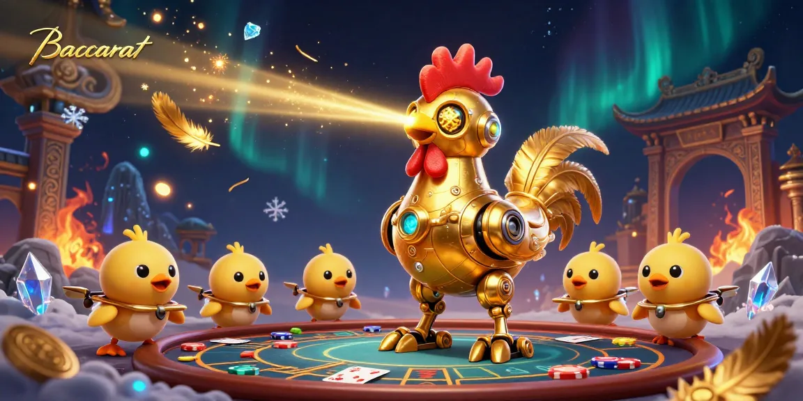 Baccarat gameplay illustrated with a futuristic golden rooster robot and baby chick drones in a vibrant casino scene
