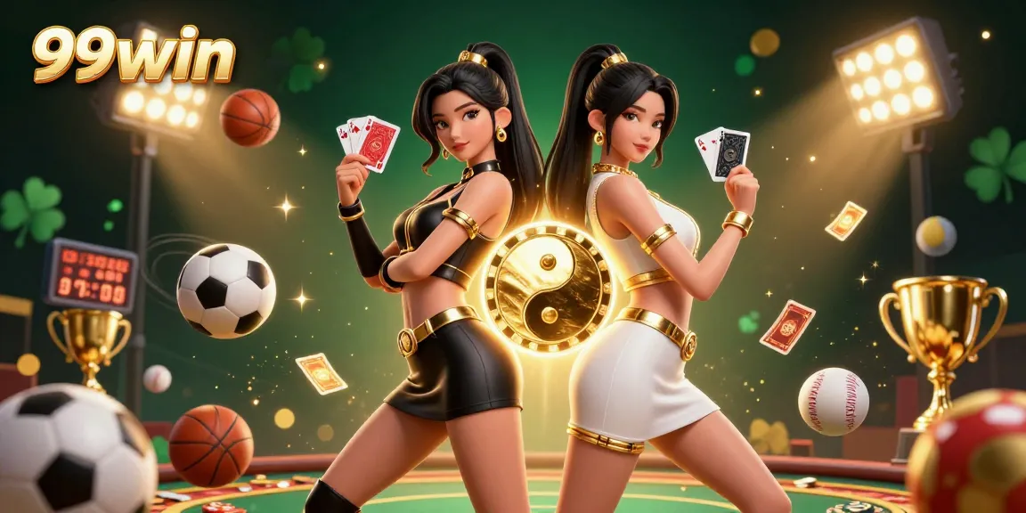 Engage with 99win's vibrant casino ambiance featuring twin Asian women, one with red and the other with black cards, amidst dynamic sports elements.