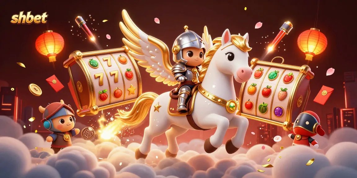 Experience thrilling gameplay with shbet as the armored knight rides a celestial horse amidst vibrant slot game elements.