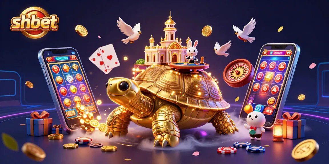 shbet showcases thrilling gaming fun with a golden tortoise casino, rabbit dealer, and flying coins