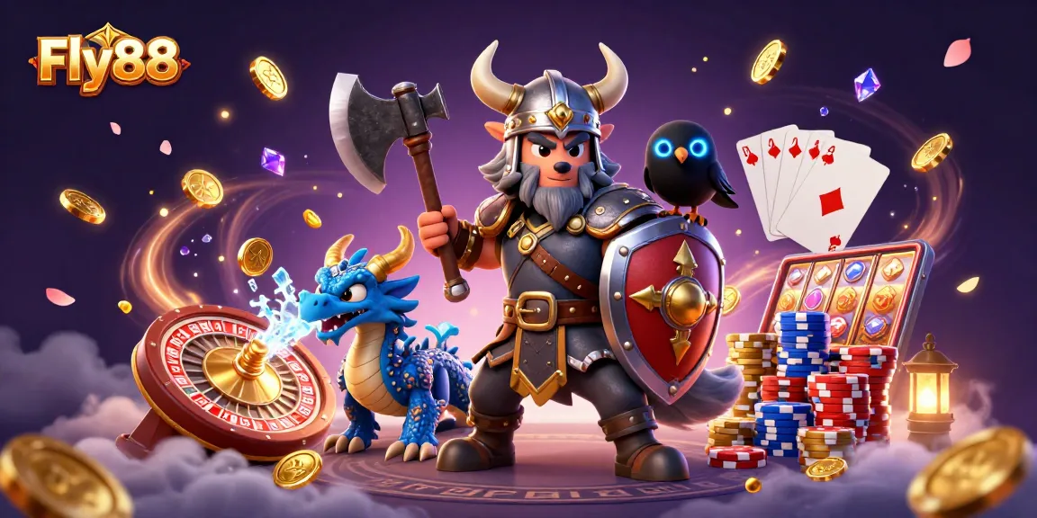 Fly88's Viking warrior and dragon amidst golden coins and a roulette wheel in a vibrant casino scene.