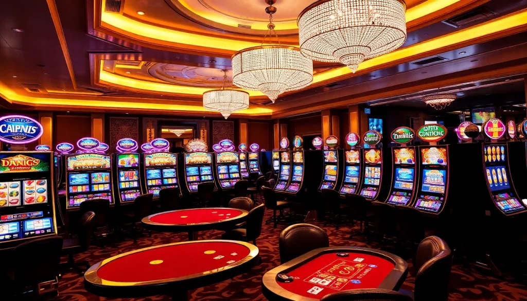 Exciting slot machine gameplay at a vibrant casino with colorful lights and luxurious ambiance.