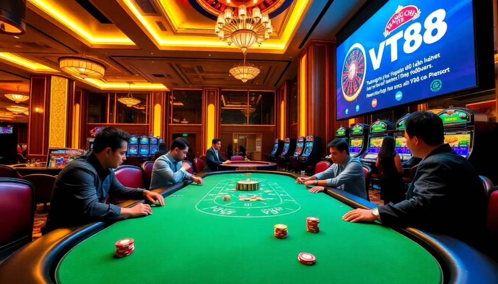Experience excitement at TRANG CHỦ VT88 with an elegant poker setup amidst luxury casino elements.