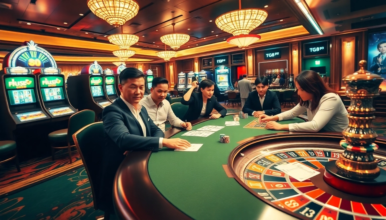 Experience the excitement of TG 88 with a vibrant casino scene featuring poker tables and slot machines.