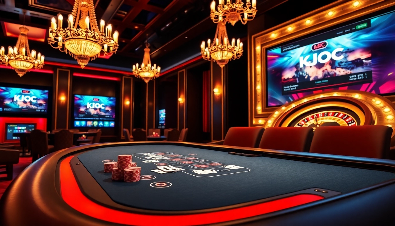 Experience the excitement of the kjc website with vibrant casino visuals and gaming tables.