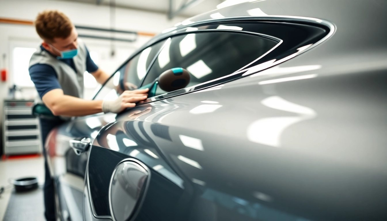 Applying paint protection film near me to a luxury vehicle by a skilled technician.