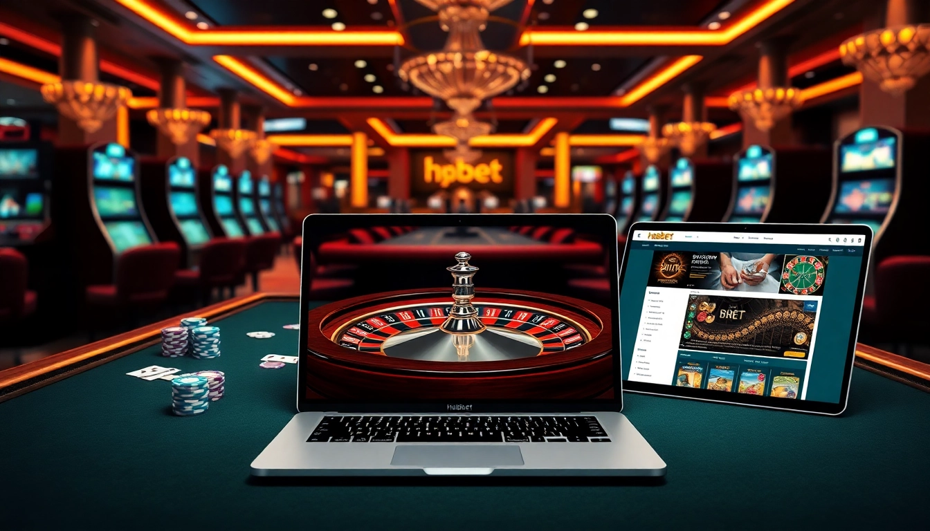 HBBET online casino experience with a luxurious interface showcasing betting chips and a roulette wheel.