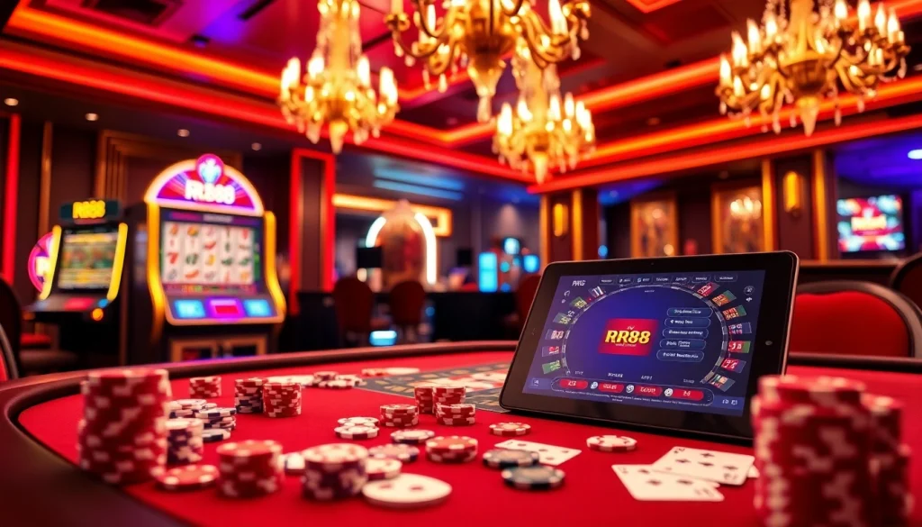 Experience thrilling gaming action at Nhà Cái RR88 with an exciting casino scene of poker tables and slot machines.