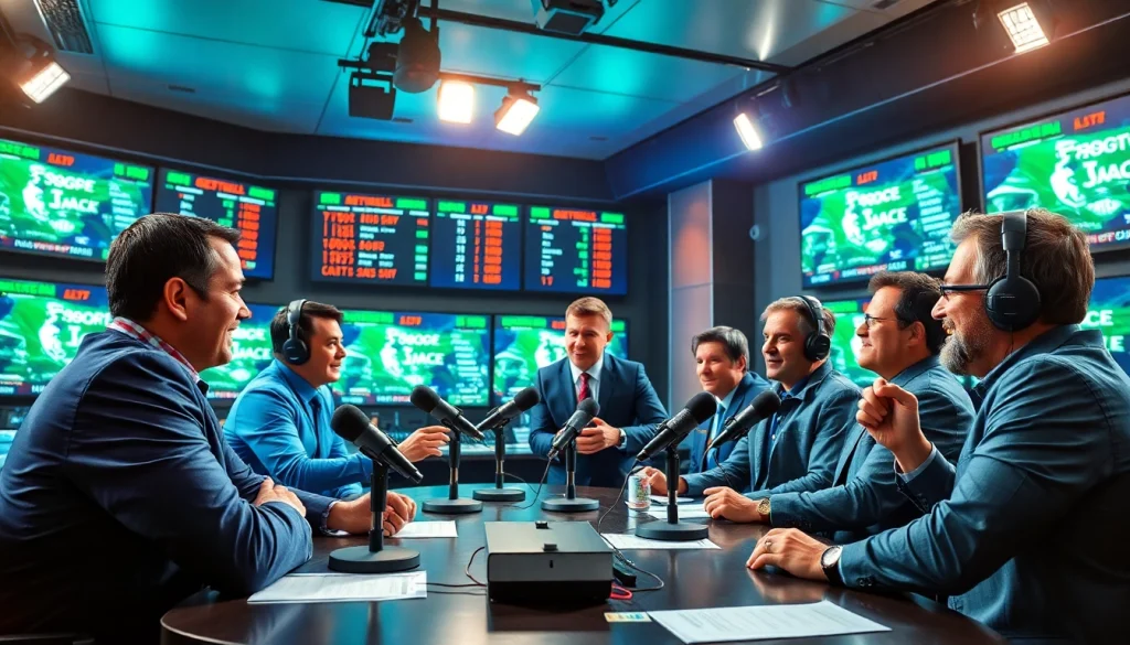 Engaging scene of sports broadcasting with dynamic commentators and live stats display.