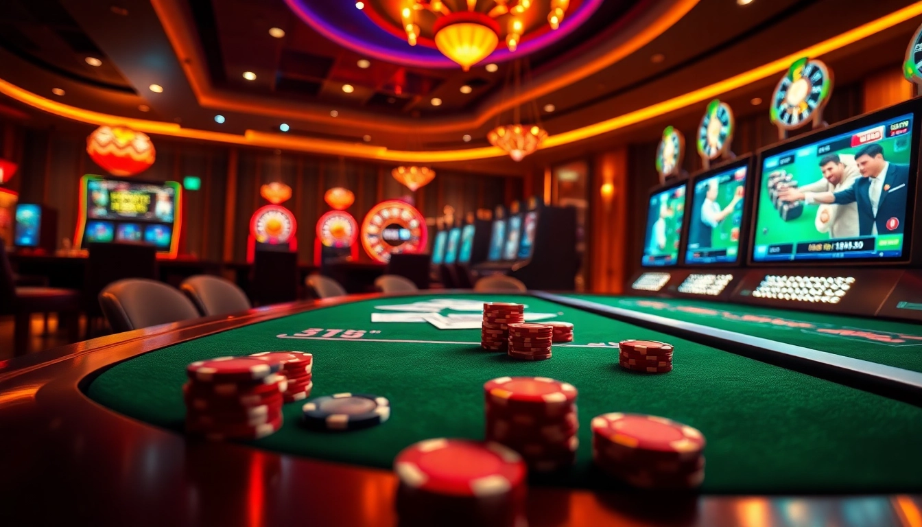 Engaging TRANG GAME B8 gaming experience featuring roulette and poker tables in a modern casino.