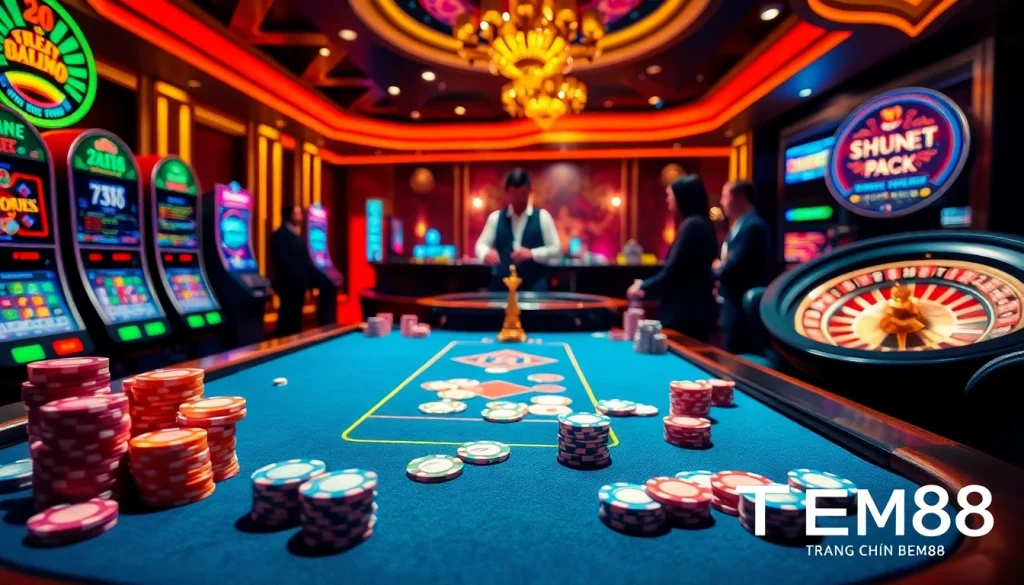 Engaging scene of players at TRANG CHỦ BEM88 casino table, highlighting excitement with colorful chips and cards.