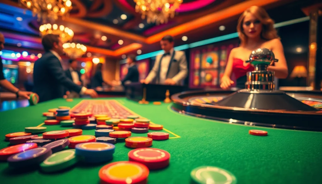 Menangkan taruhan di meja roulette dengan inultogel, chip berwarna cerah menyebar di atas felt hijau kasino.