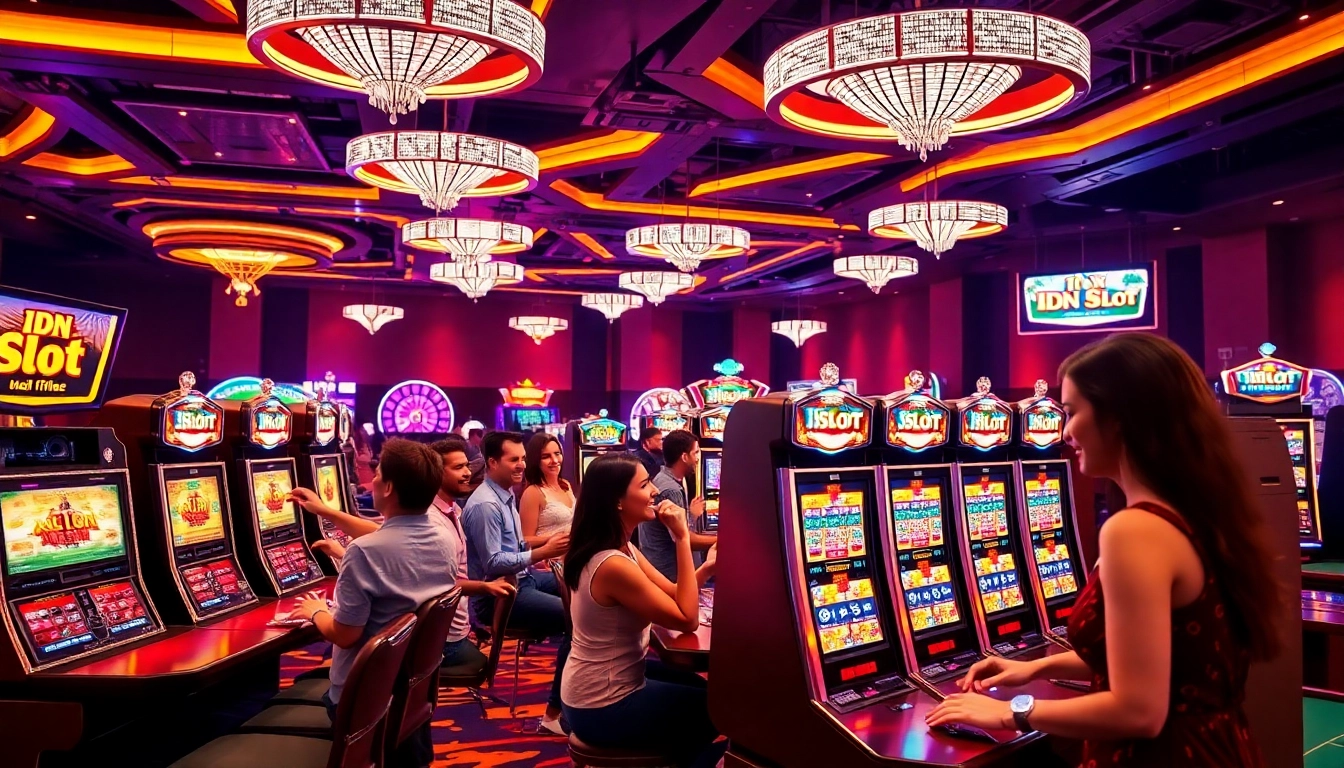Players enjoying idn slot machines in a luxurious casino atmosphere with vibrant neon lights.