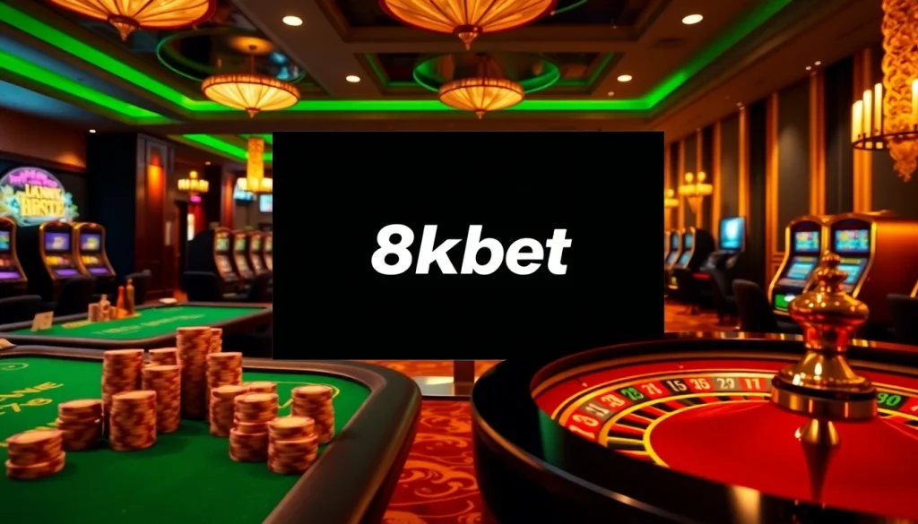 Engaging online gambling visual featuring 8kbet logo with casino elements.